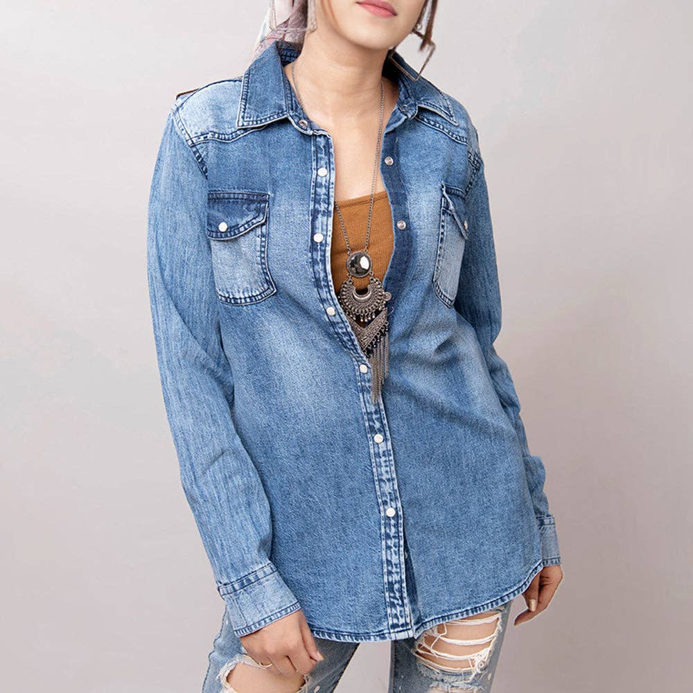 Women's Denim Shirt with Hand-Tooled Floral Leather Yoke