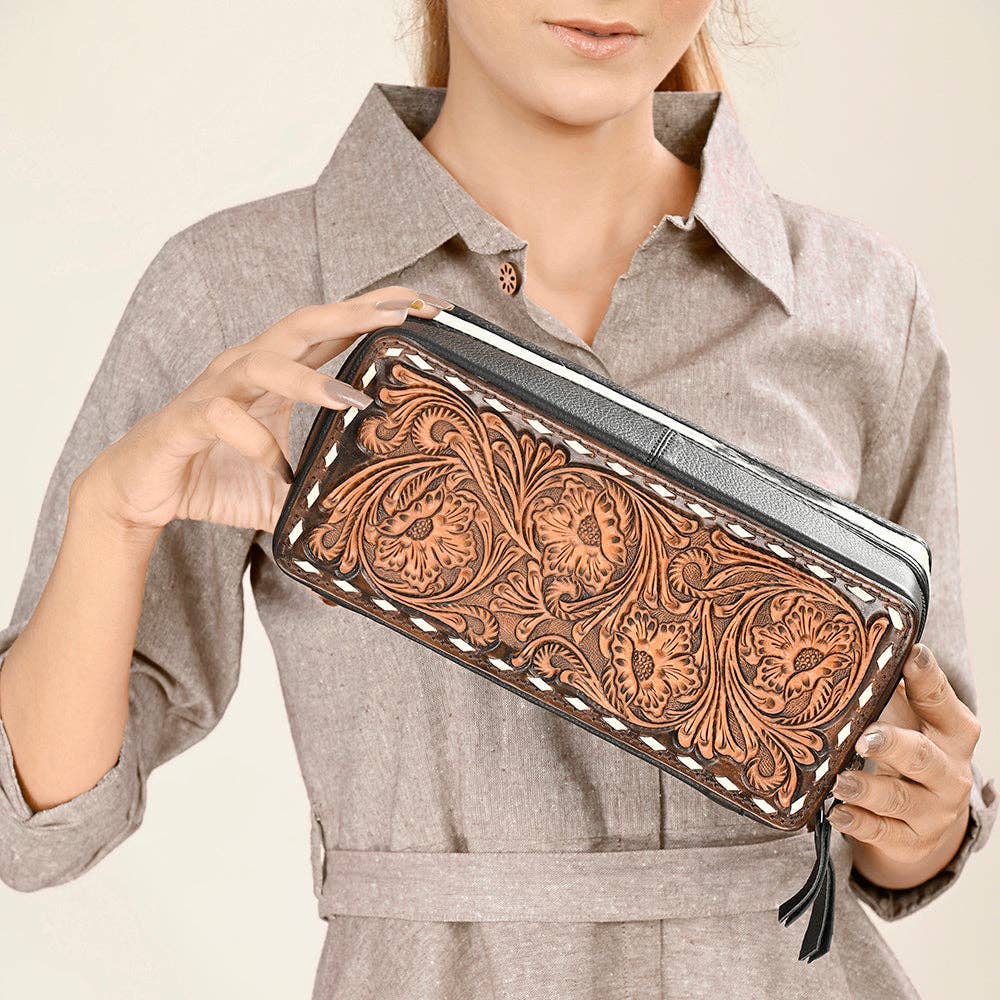 Tooled Leather & Cowhide Western Jewlery Case