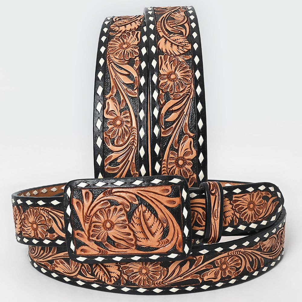 Black & Saddle Hand Tooled Leather Western Belt - Floral Vine Design