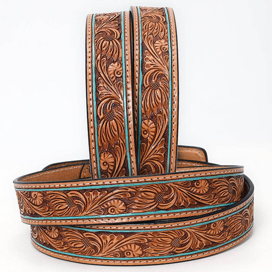 Handtooled Western Leather Belt - Turquoise-Edge Floral Scroll with Matching Buckle