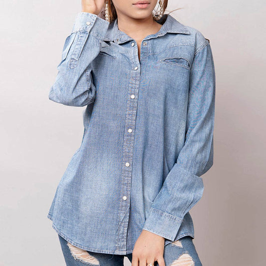 Light Chambray Western Shirt with Tooled Leather Yoke & Turquoise Concho