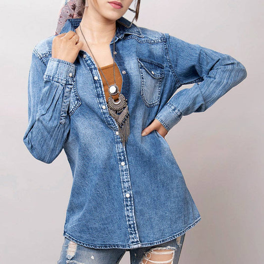 Women's Denim Shirt with Hand-Tooled Floral Leather Yoke