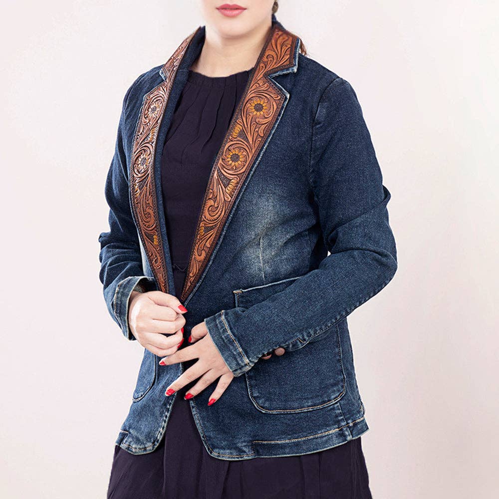 Western Denim Blazer with Sunflower Tooled Leather Lapels