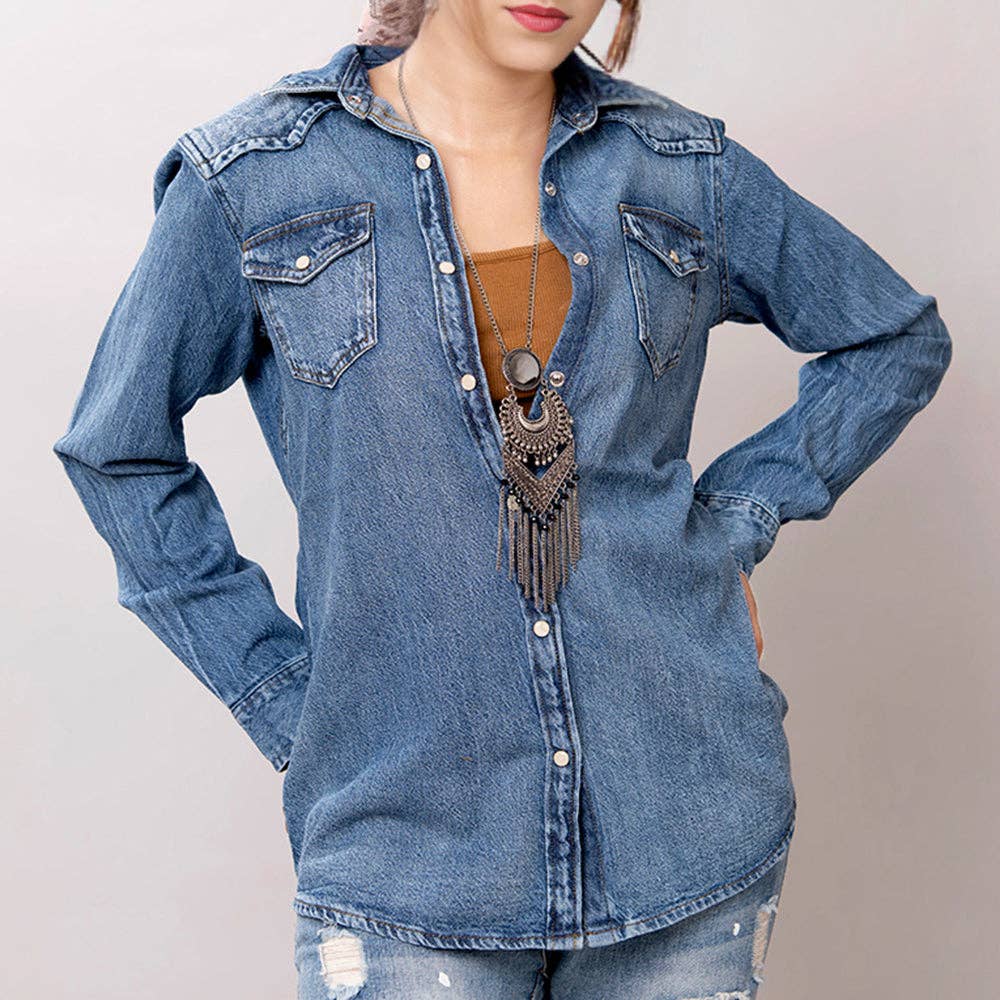 Mid-Wash Western Denim Shirt with High-Detail Hand-Tooled Leather Yoke