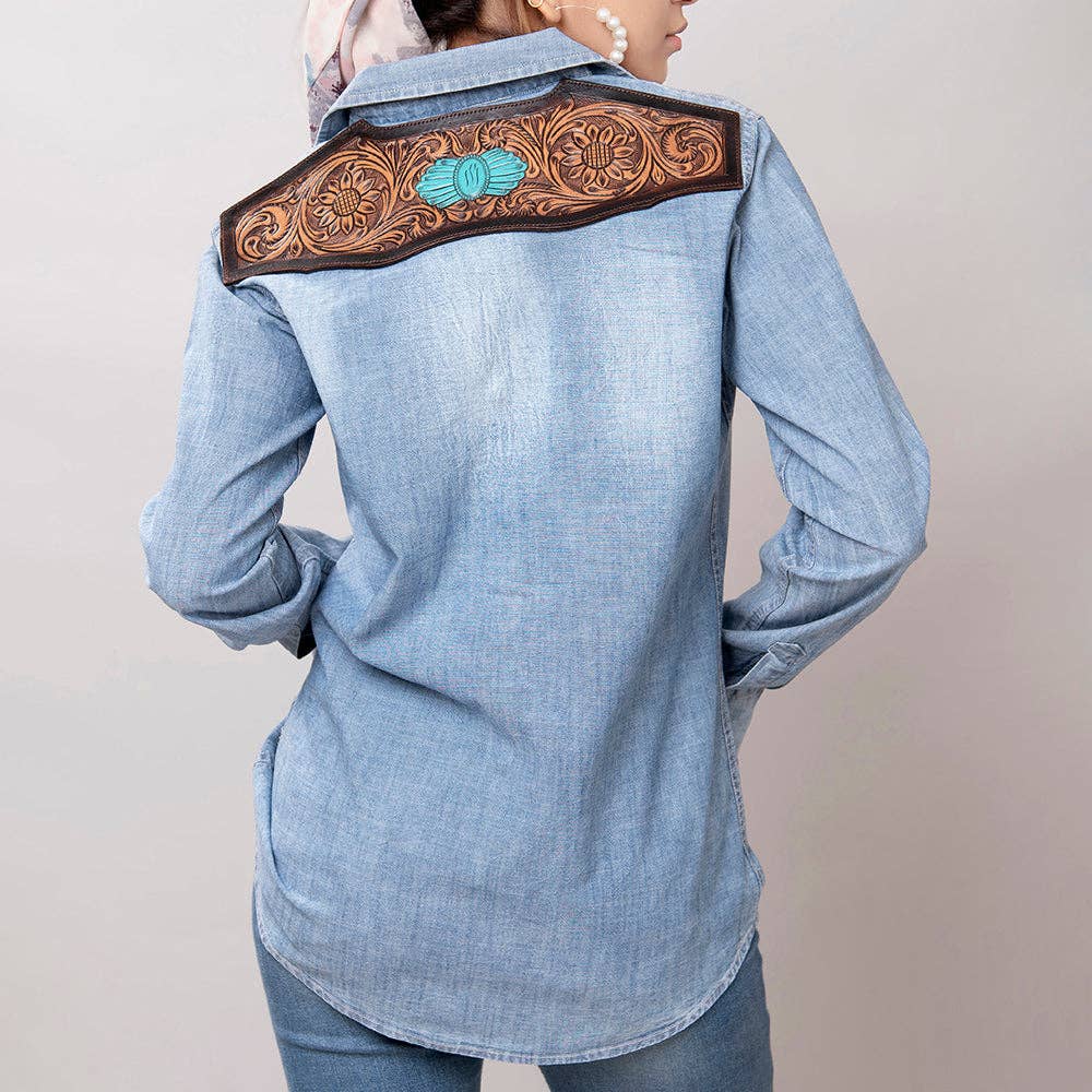 Light Chambray Western Shirt with Tooled Leather Yoke & Turquoise Concho