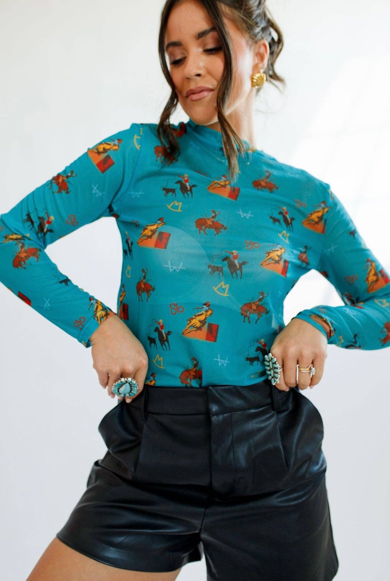 Turquoise Vintage Cowboy Rodeo Mesh Mock Neck Long Sleeve Shirt