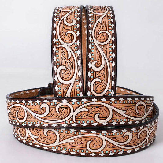 Tooled Western Leather Belt - White Scroll with Turquoise Studs