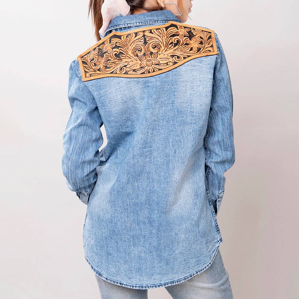 Women's Denim Shirt with Hand-Tooled Floral Leather Yoke