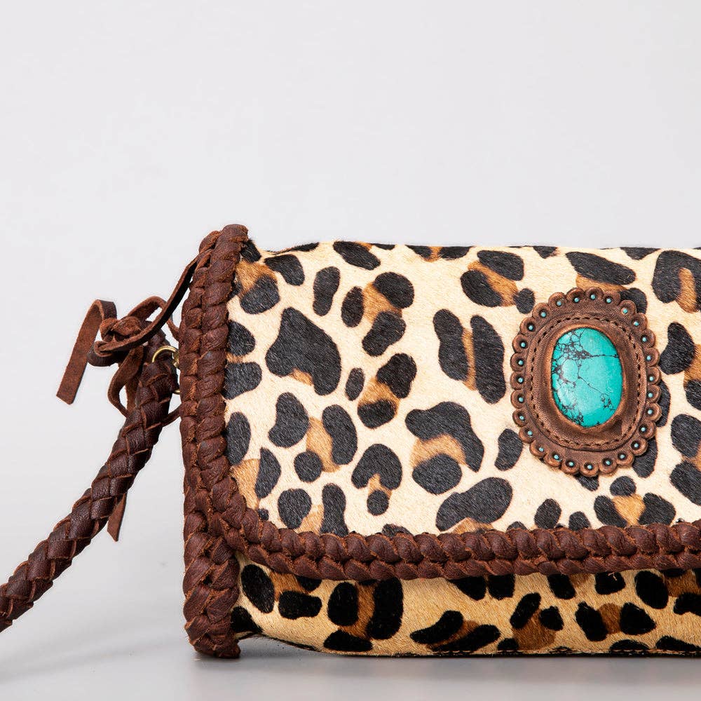 Leopard Print Mini Wallet - Braided Leather & Turquoise Concho