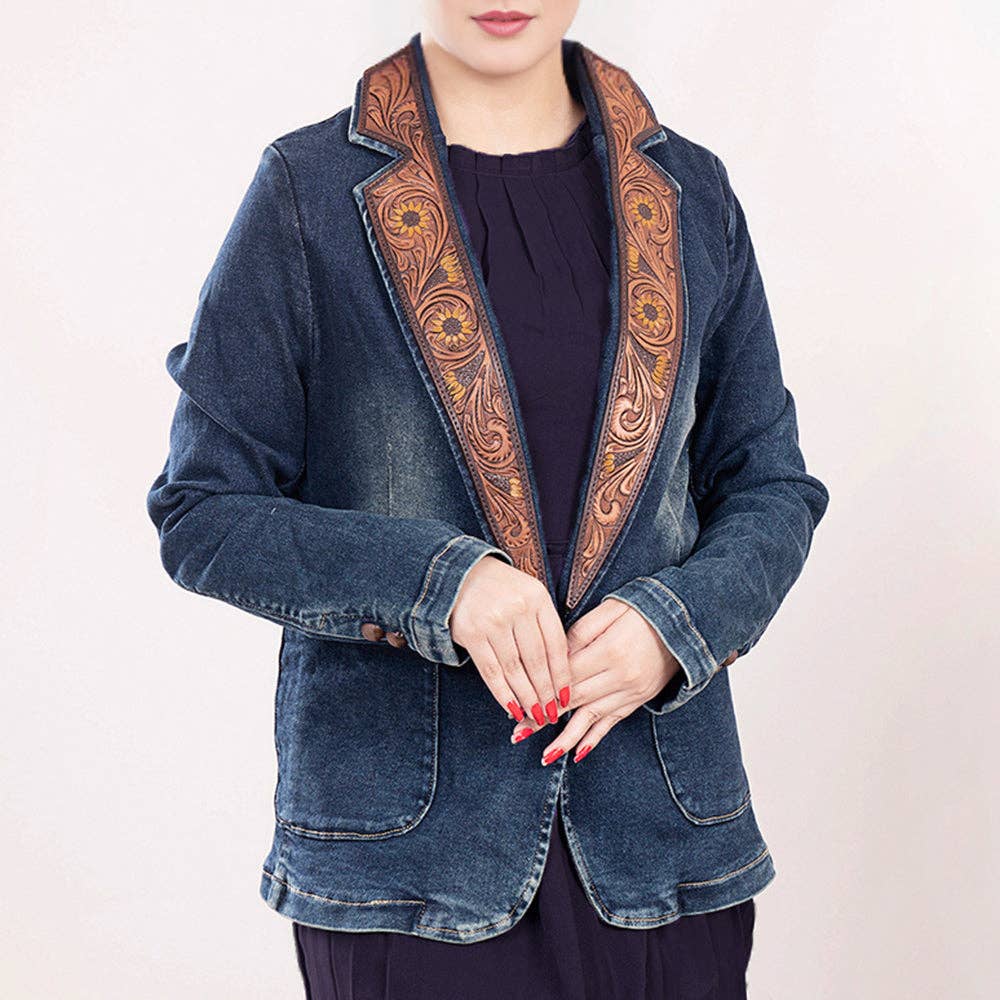 Western Denim Blazer with Sunflower Tooled Leather Lapels