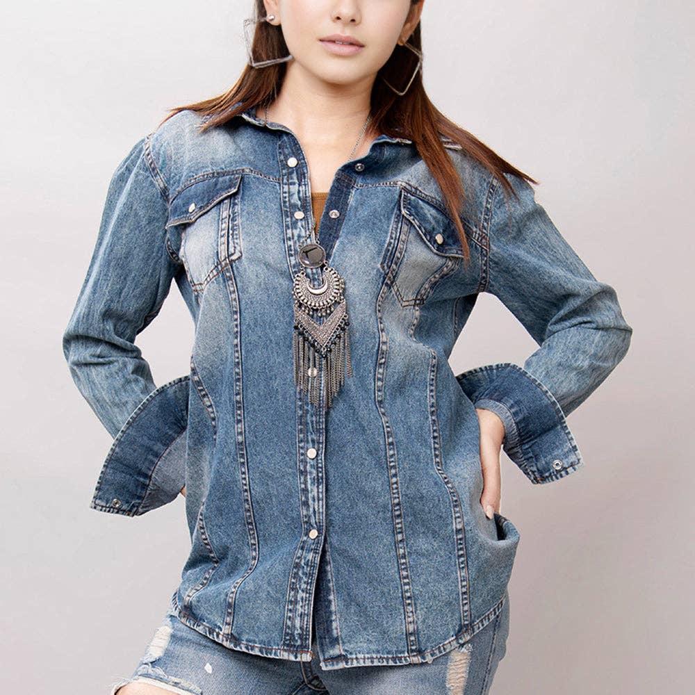 Western Denim Shirt with Sunflower & Cactus Tooled Leather Yoke