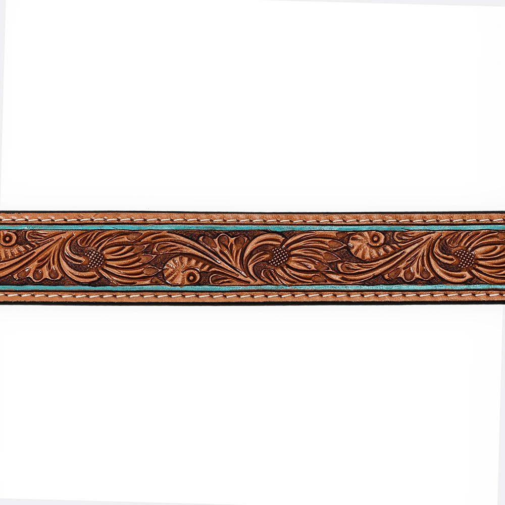Handtooled Western Leather Belt - Turquoise-Edge Floral Scroll with Matching Buckle