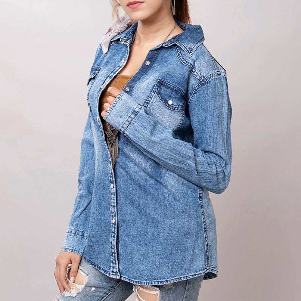 Women's Denim Shirt with Hand-Tooled Floral Leather Yoke