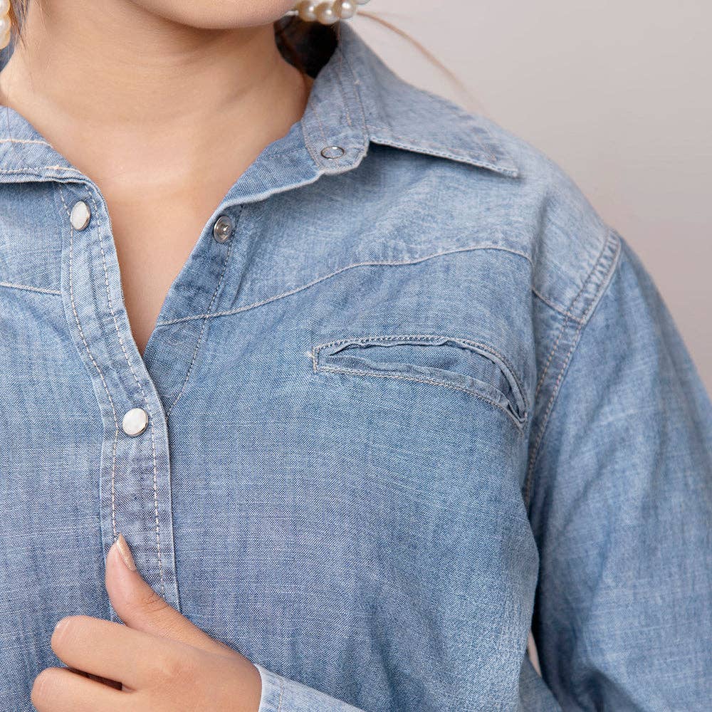 Light Chambray Western Shirt with Tooled Leather Yoke & Turquoise Concho