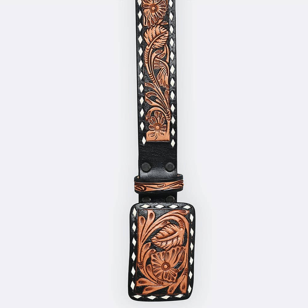 Black & Saddle Hand Tooled Leather Western Belt - Floral Vine Design