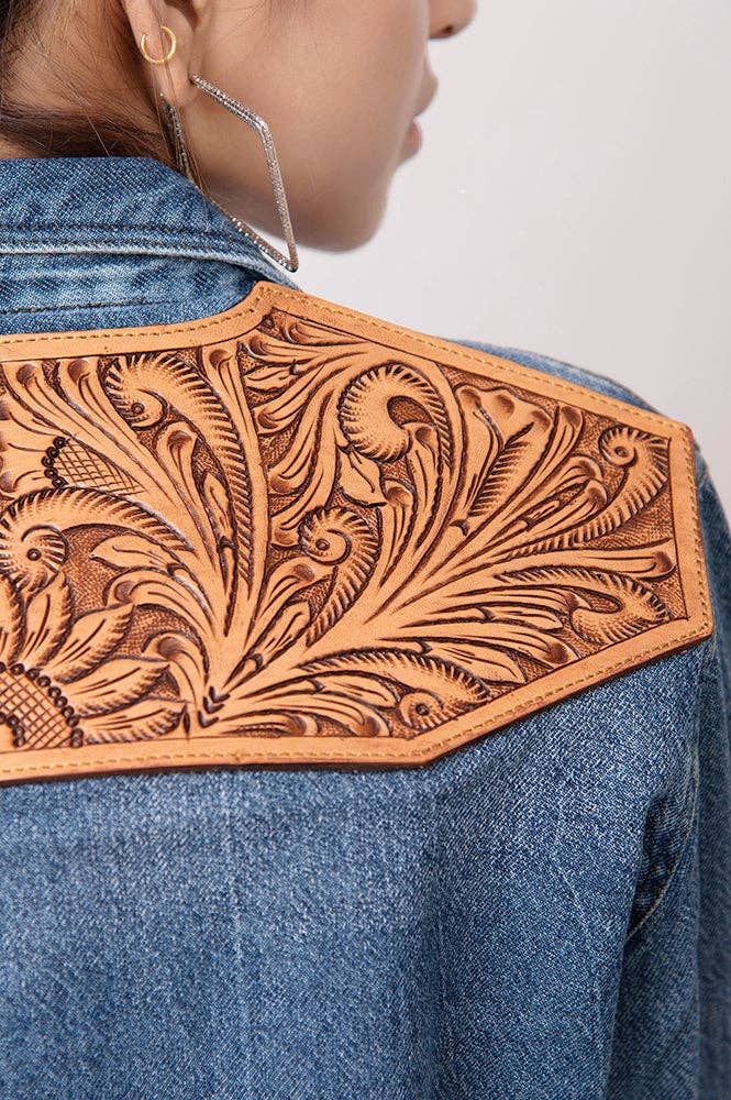Mid-Wash Western Denim Shirt with High-Detail Hand-Tooled Leather Yoke