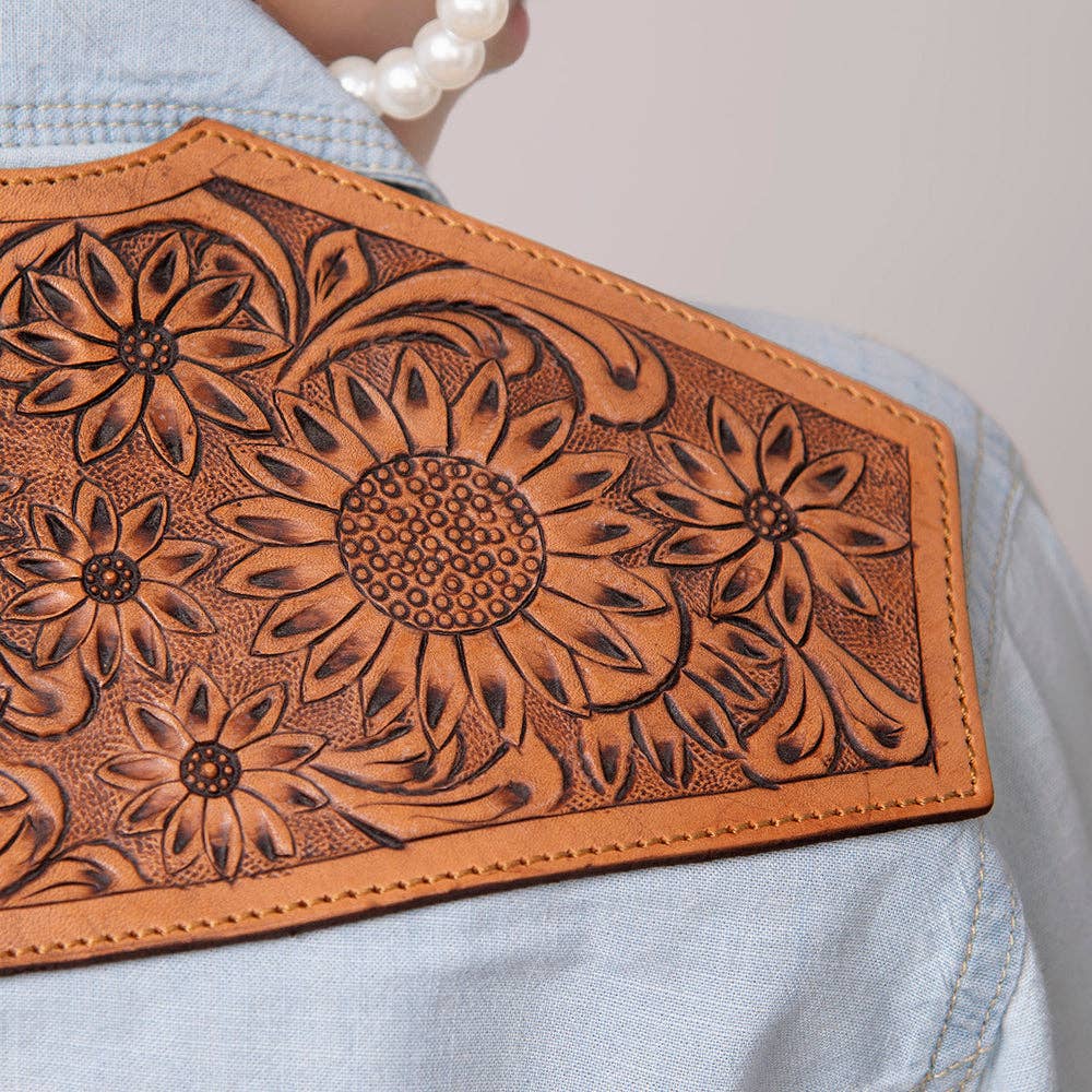 Light Denim Western Shirt with Sunflower Tooled Leather Yoke