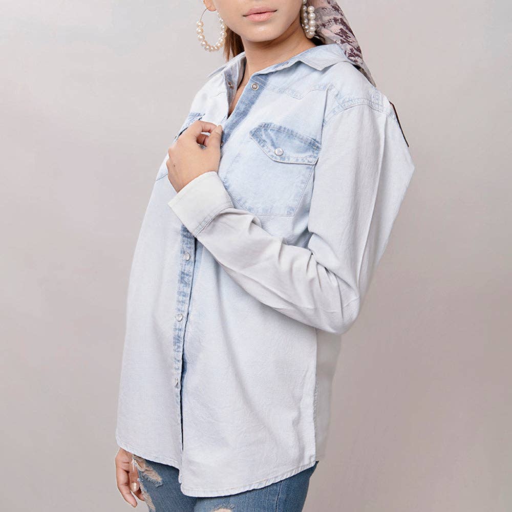 Women's Denim Western Shirt with Tooled Leather Yoke – Handcrafted Floral Back Detail