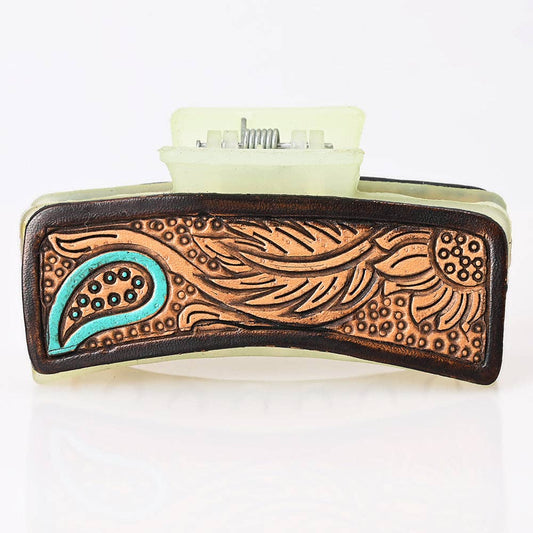 Western Paisley & Feather Tooled Leather Hair Clip