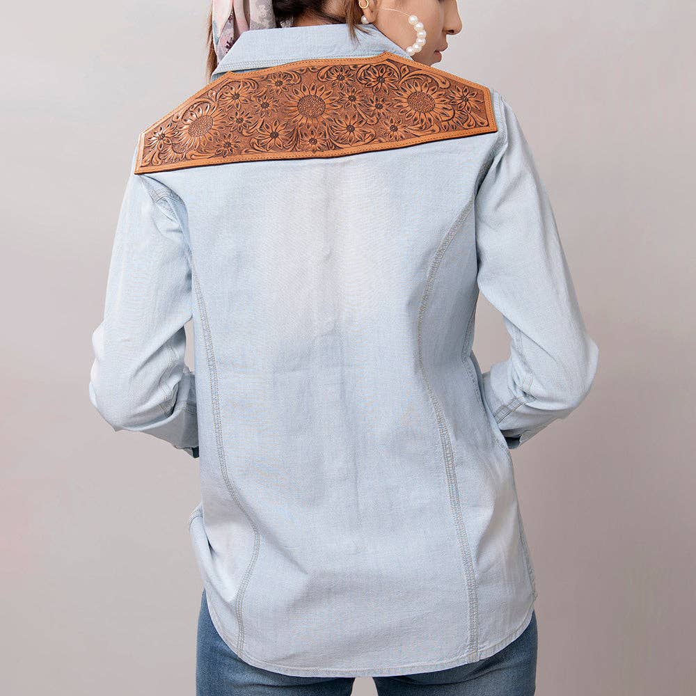 Light Denim Western Shirt with Sunflower Tooled Leather Yoke