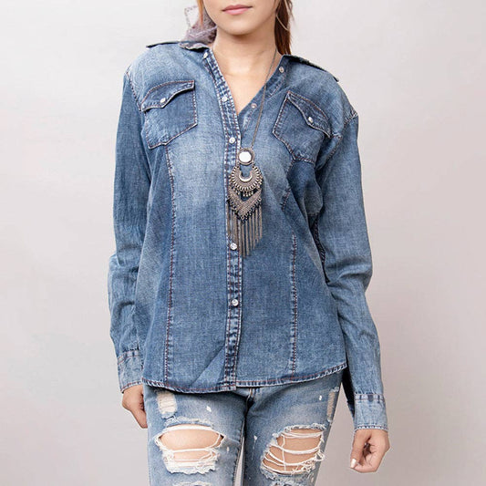 Light Wash Western Denim Shirt with Hand-Tooled Leather Floral Yoke