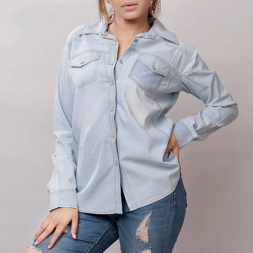 Light Denim Western Shirt with Sunflower Tooled Leather Yoke