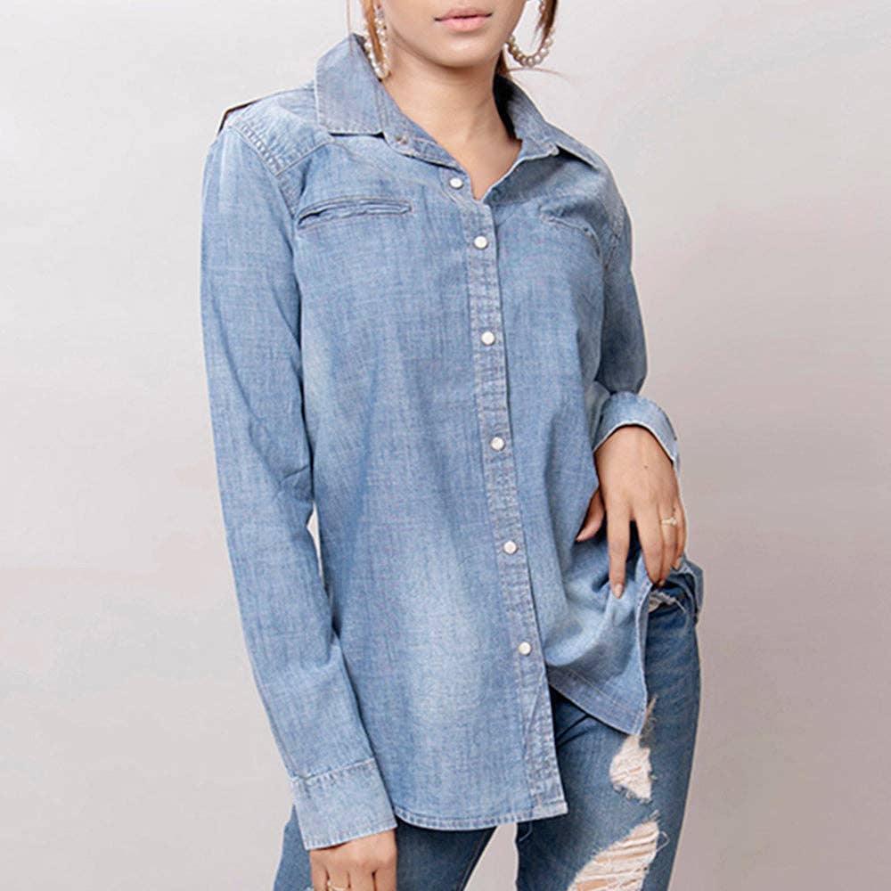 Light Chambray Western Shirt with Tooled Leather Yoke & Turquoise Concho