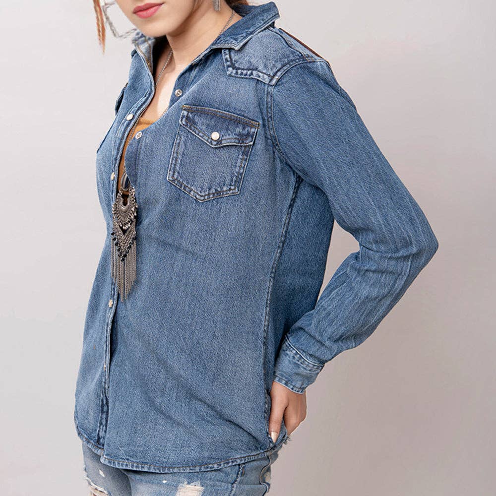 Mid-Wash Western Denim Shirt with High-Detail Hand-Tooled Leather Yoke
