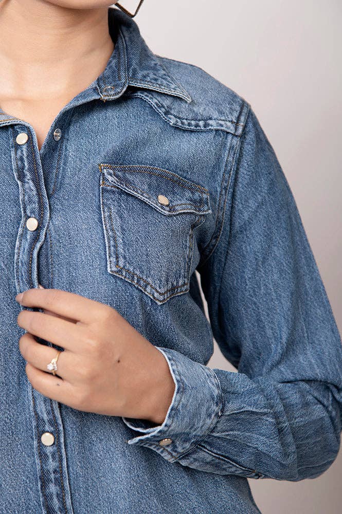 Mid-Wash Western Denim Shirt with High-Detail Hand-Tooled Leather Yoke