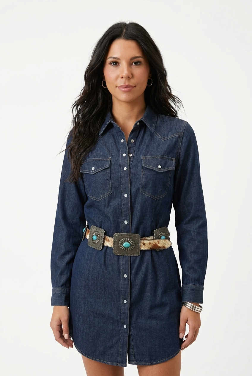 Cowhide Genuine Leather Rectangle Turquoise Oval Stone Concho Belt