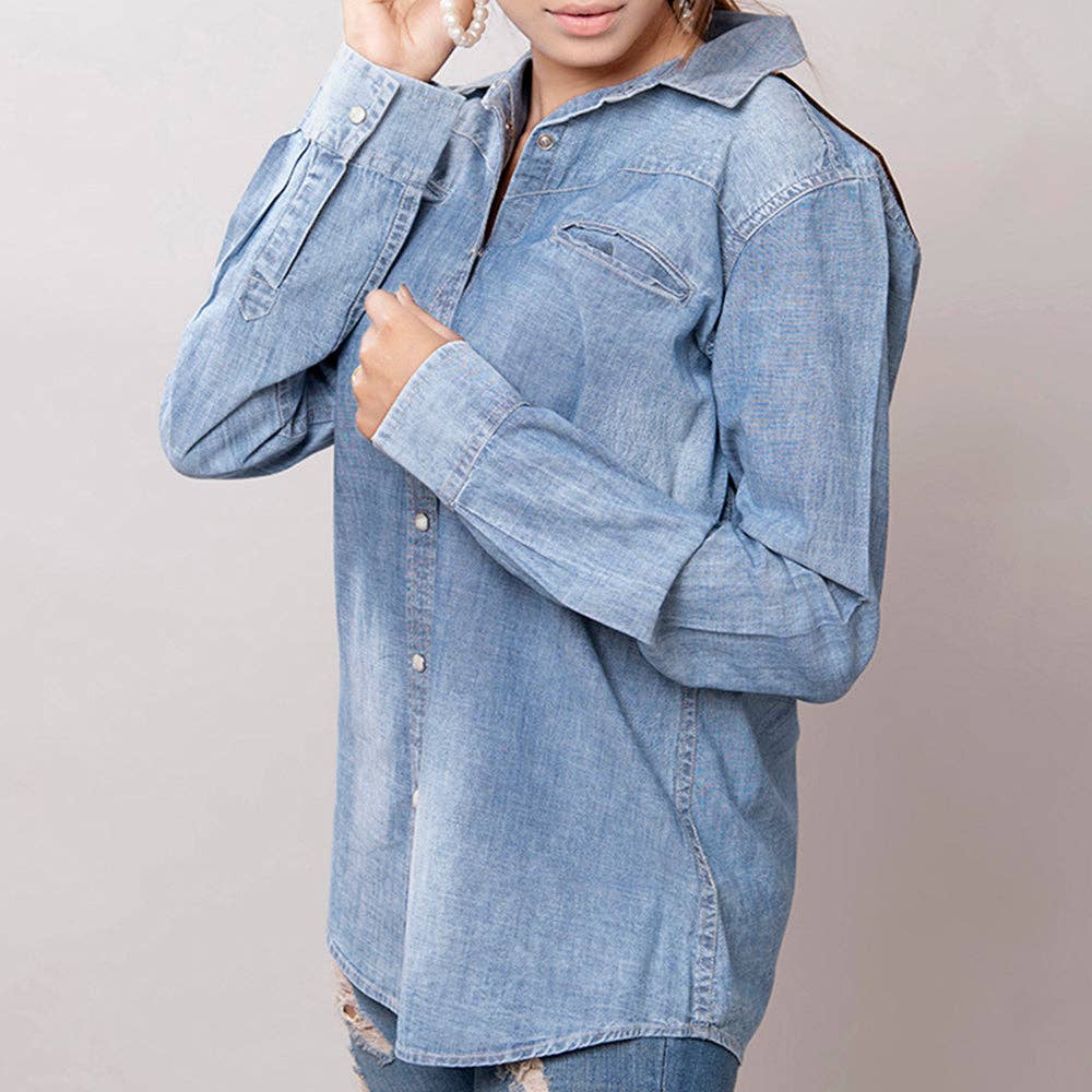 Light Chambray Western Shirt with Tooled Leather Yoke & Turquoise Concho
