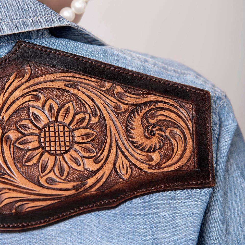 Light Chambray Western Shirt with Tooled Leather Yoke & Turquoise Concho