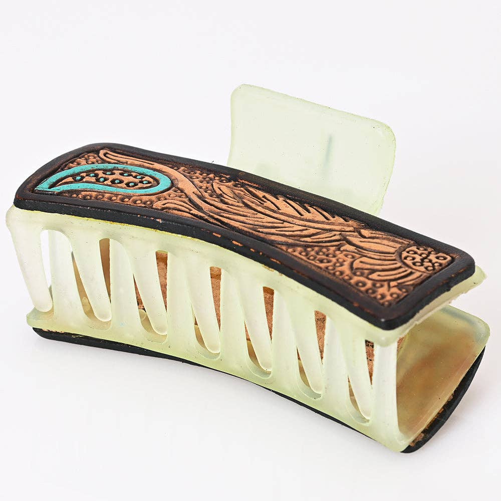 Western Paisley & Feather Tooled Leather Hair Clip