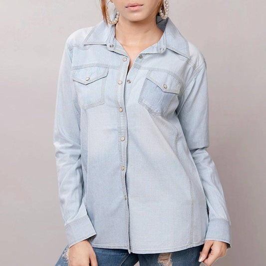 Light Denim Western Shirt with Sunflower Tooled Leather Yoke