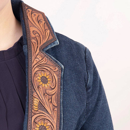Western Denim Blazer with Sunflower Tooled Leather Lapels