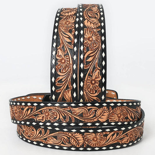 Black & Saddle Hand Tooled Leather Western Belt - Floral Vine Design