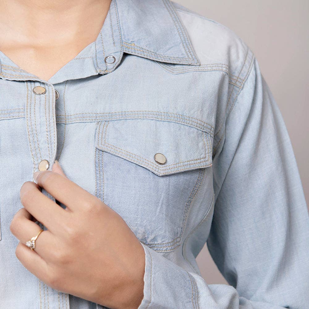 Light Denim Western Shirt with Sunflower Tooled Leather Yoke