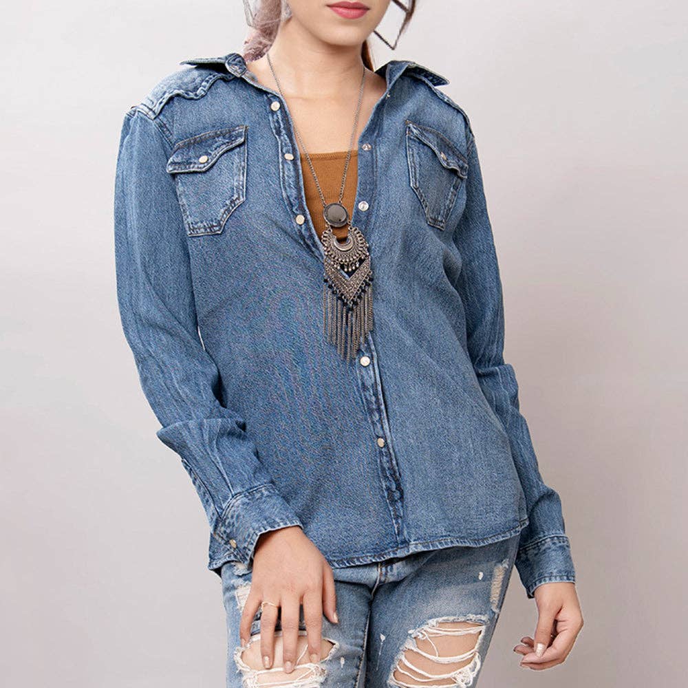 Mid-Wash Western Denim Shirt with High-Detail Hand-Tooled Leather Yoke