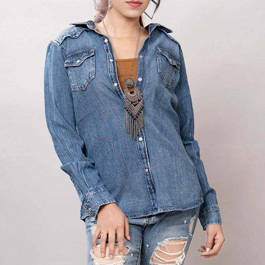 Mid-Wash Western Denim Shirt with High-Detail Hand-Tooled Leather Yoke