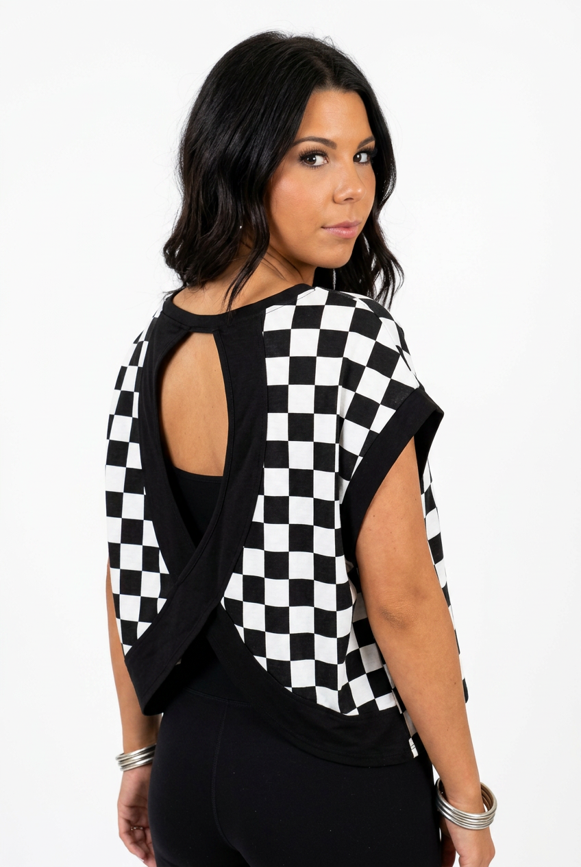 Black & White Checkerboard Cross-Back Top