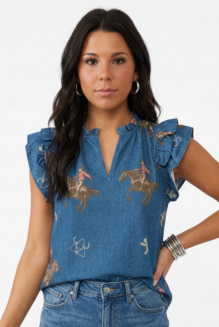 Mid Wash Cowboy Printed Ruffle Western Sleeve Top