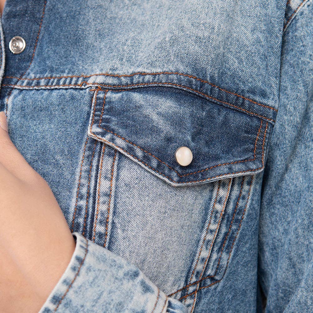 Western Denim Shirt with Sunflower & Cactus Tooled Leather Yoke