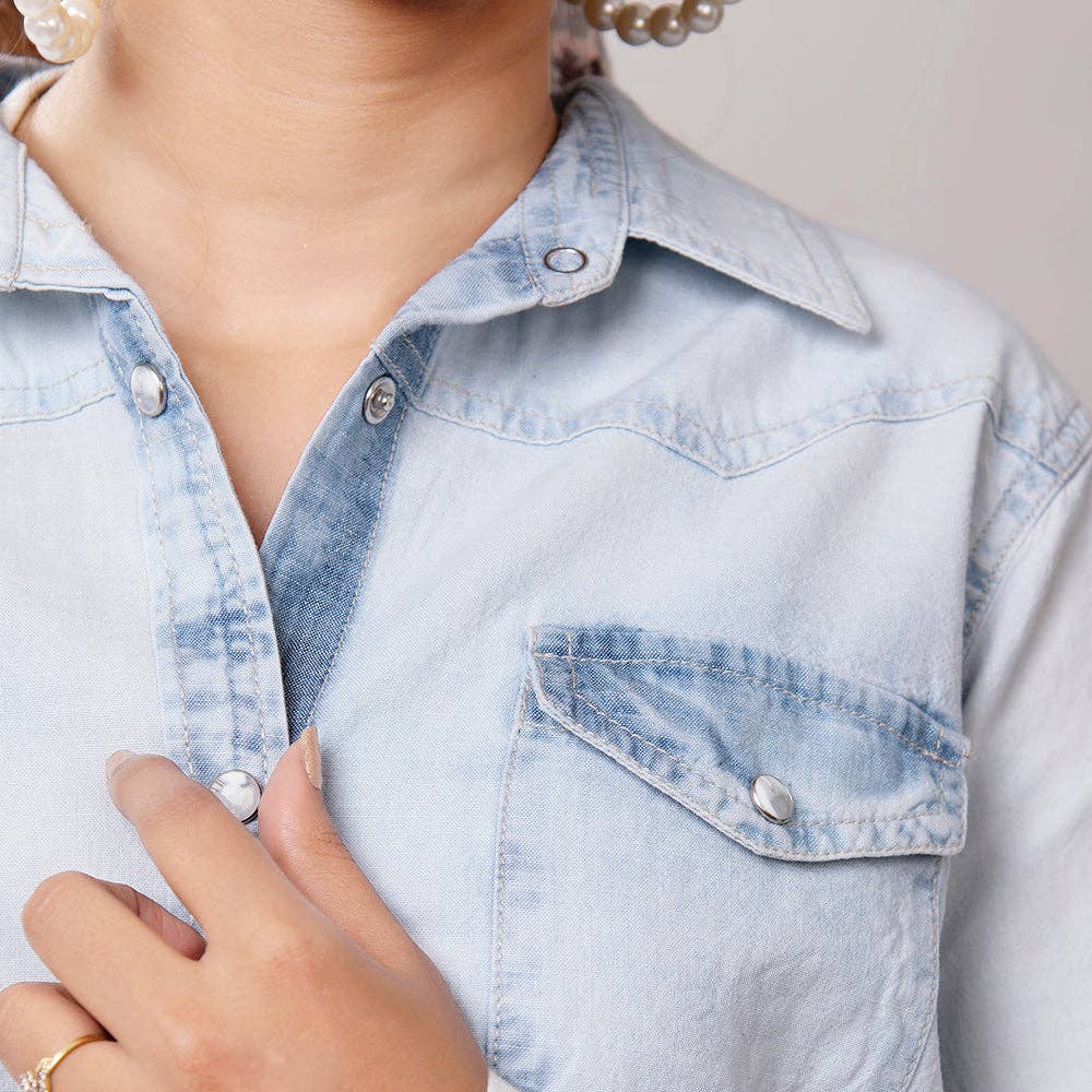Women's Denim Western Shirt with Tooled Leather Yoke – Handcrafted Floral Back Detail