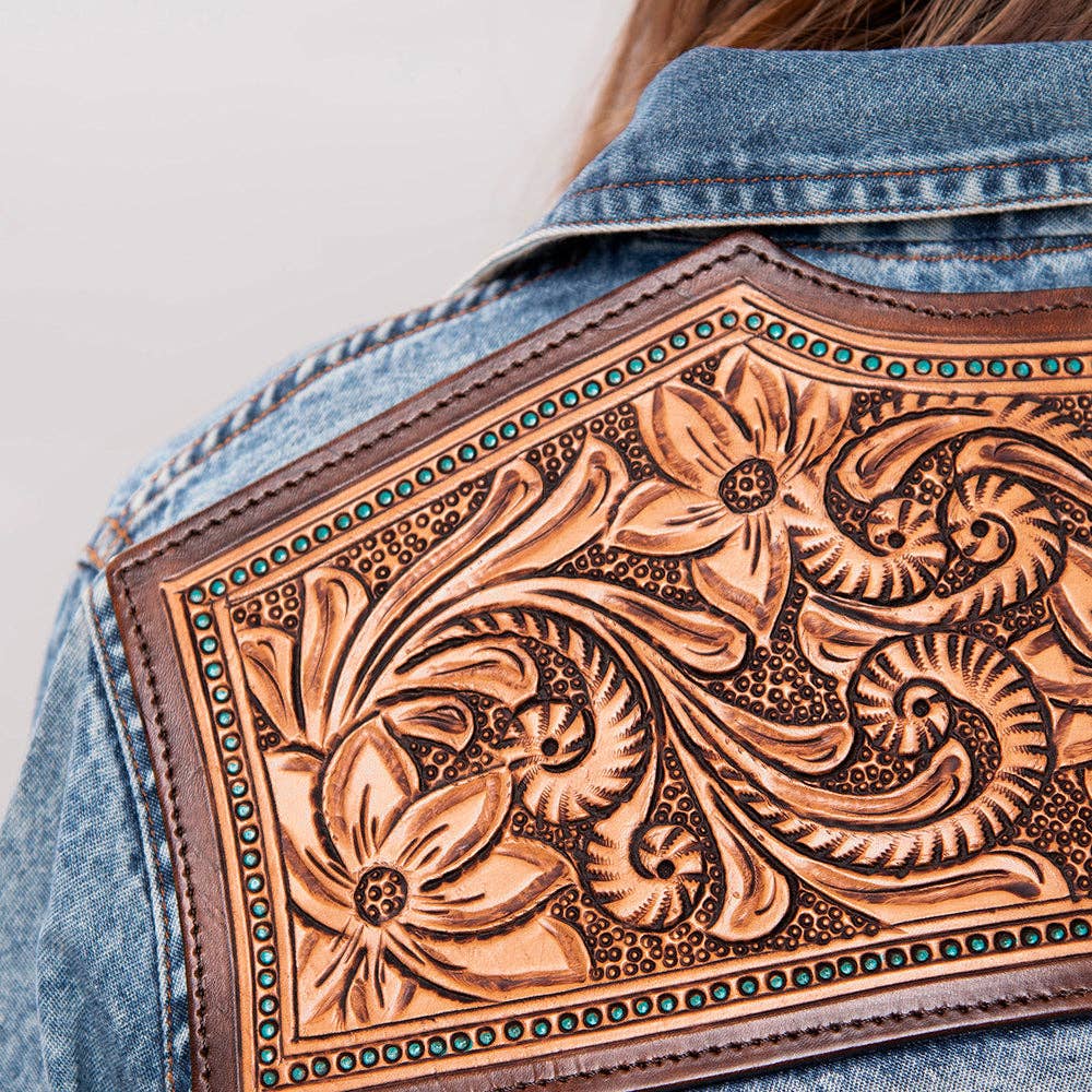Western Denim Shirt with Sunflower & Cactus Tooled Leather Yoke