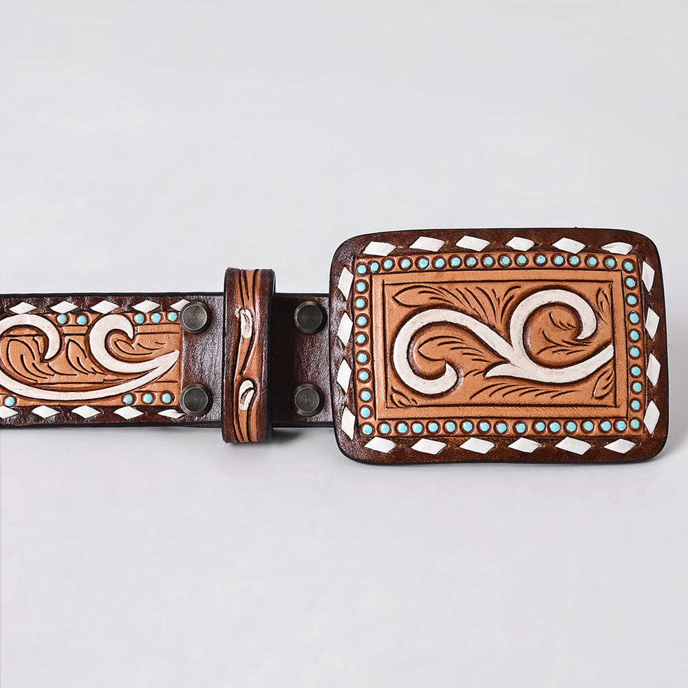 Tooled Western Leather Belt - White Scroll with Turquoise Studs