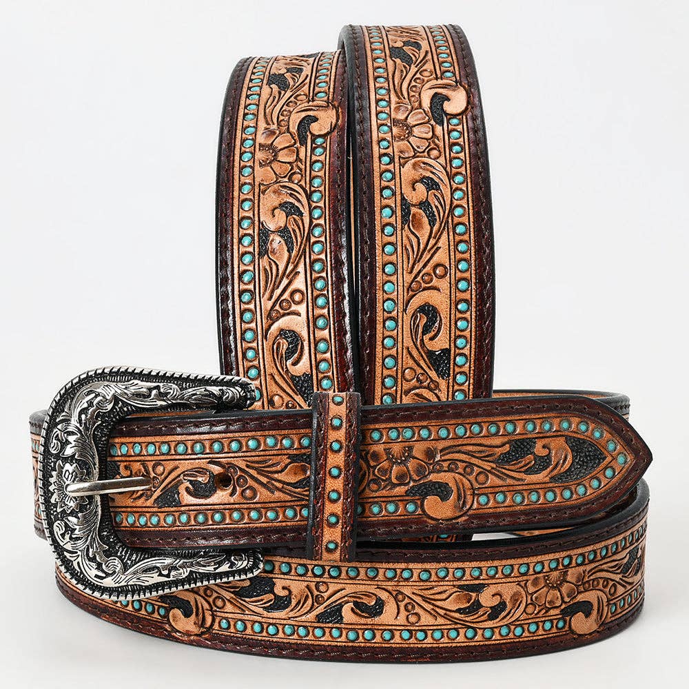 Tooled Leather Western Belt - Floral Scroll with Turquoise Stud Accents