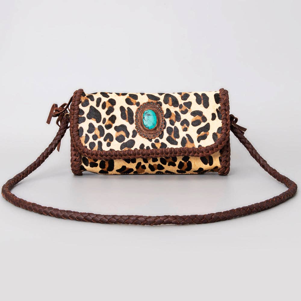Leopard Print Mini Wallet - Braided Leather & Turquoise Concho