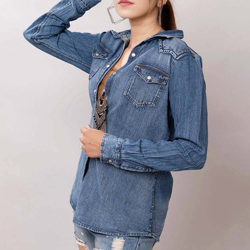 Mid-Wash Western Denim Shirt with High-Detail Hand-Tooled Leather Yoke