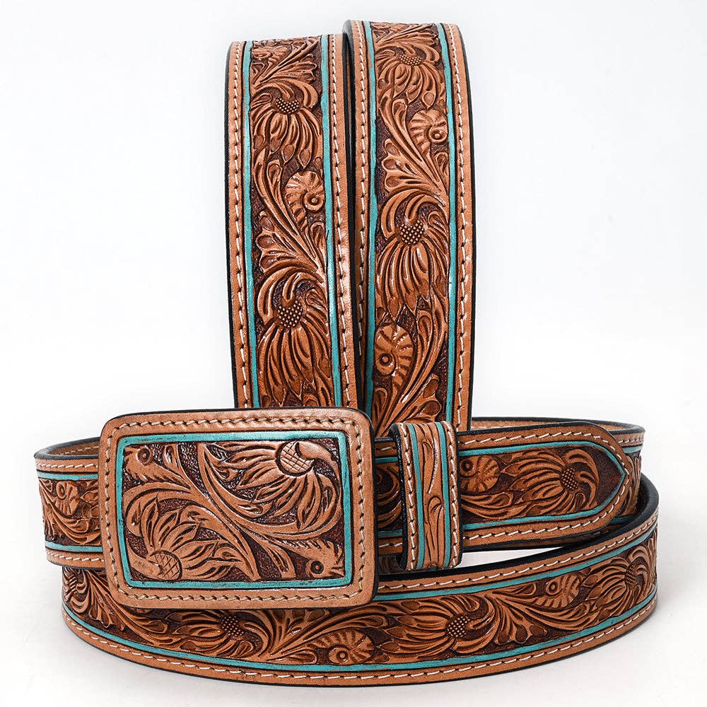Handtooled Western Leather Belt - Turquoise-Edge Floral Scroll with Matching Buckle