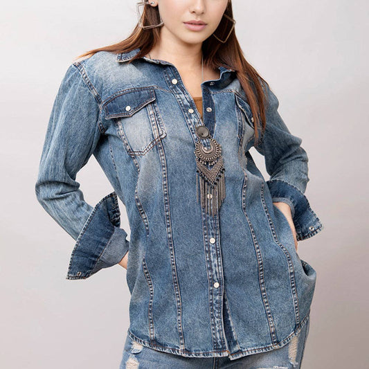 Western Denim Shirt with Sunflower & Cactus Tooled Leather Yoke